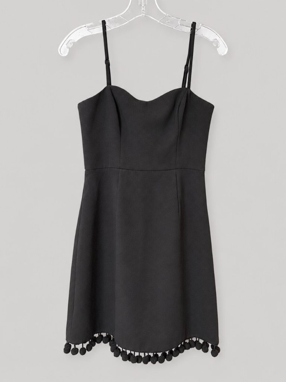 French Connection Black Mini Dress Pom Pom Hem Spaghetti Strap Size US 2